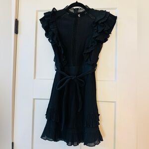 Women’s Black Ruffle Mini Dress with Waist Tie | XS